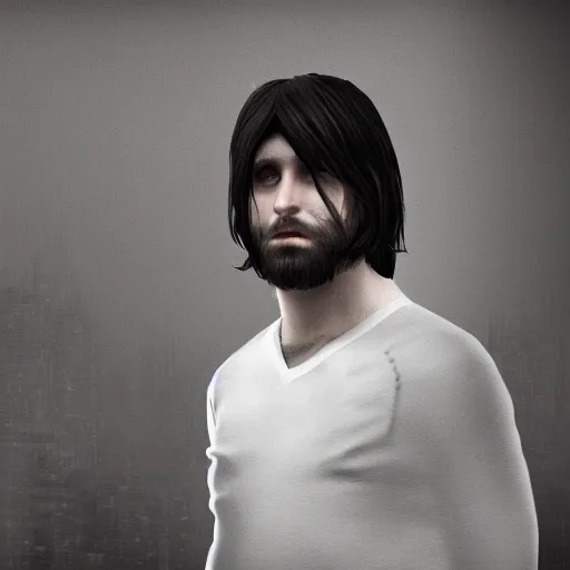 Image similar to a long, dark haired man, 2 8 years old, five o'clock shadow casually dressed, cinematic, gloomy background, realistic, digital art, character art, 8 k