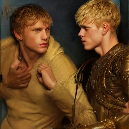 Image similar to attractive male, arthur pendragon who has blond hair confesses his love to attractive male, merlin who has dark hair. highly detailed painting by gaston bussiere, craig mullins, j. c. leyendecker 8 k