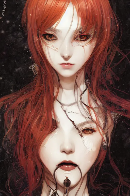 Image similar to portrait of beautiful young gothic anime maiden, cute-fine-face, pretty face, realistic shaded Perfect face, fine details. Anime, cyberpunk, Warhammer, highly detailed, artstation, illustration, art by Ilya Kuvshinov and ((((Gustav Klimt))))