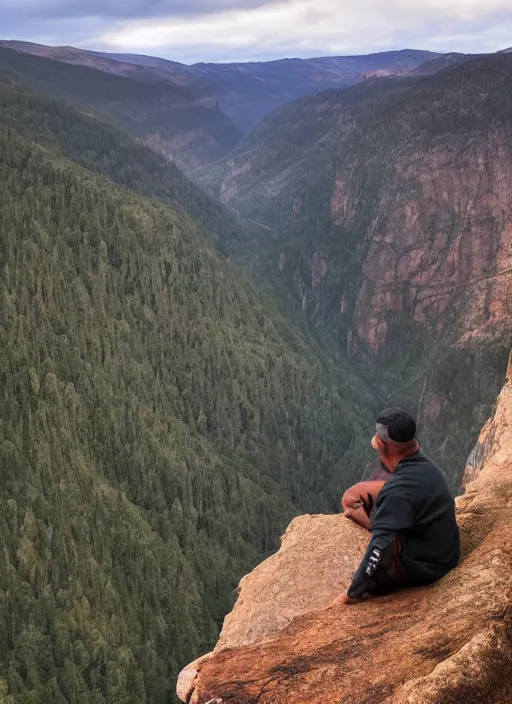 Prompt: an indigenous man sitting at the top of a cliff, looking down at the valley, doing a vision quest