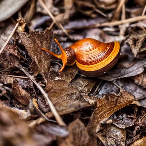 Image similar to snail on dead leaves in a forest, canon eos r 3, f / 1. 4, iso 2 0 0, 1 / 1 6 0 s, 8 k, raw, unedited, symmetrical balance, in - frame,