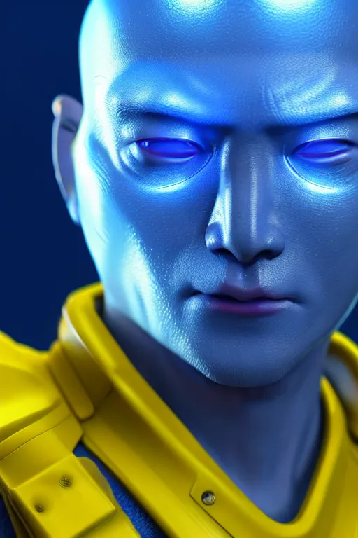 Image similar to hyperrealistic close-up blue glow exoskeleton!! sad chinese man covered highly detailed concept art eric zener elson peter cinematic side soft yellow light high angle hd 8k sharp shallow depth of field