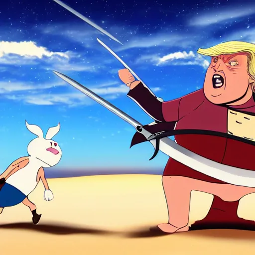 Prompt: cinematic shot of Donald Trump and Big Chungus having a sword fight in the sky in a desert, 8k, anime, highly detailed, highly intricate,