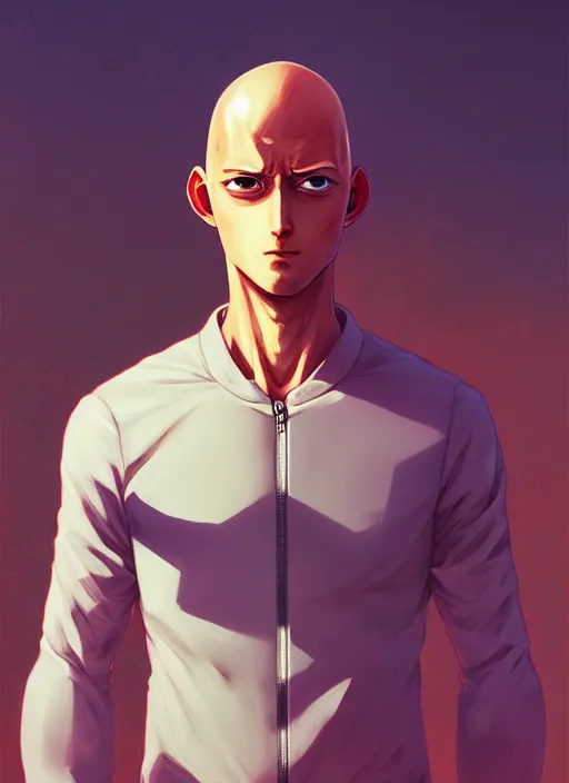 Image similar to handsome saitama, half body shot, path traced, cape, highly detailed, high quality, digital painting, alena aenami, lilia alvarado, shinji aramaki, karol bak, alphonse mucha, tom bagshaw