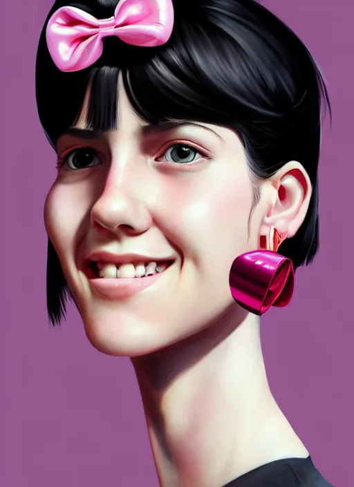 Image similar to portrait of high school girl, realistic, black hair, bangs, half updo hairstyle, pointy nose, skinny, smile, ugly, defined jawline, big chin, pink hair bow, earrings, intricate, elegant, glowing lights, highly detailed, digital painting, artstation, sharp focus, illustration, art by wlop, mars ravelo and greg rutkowski