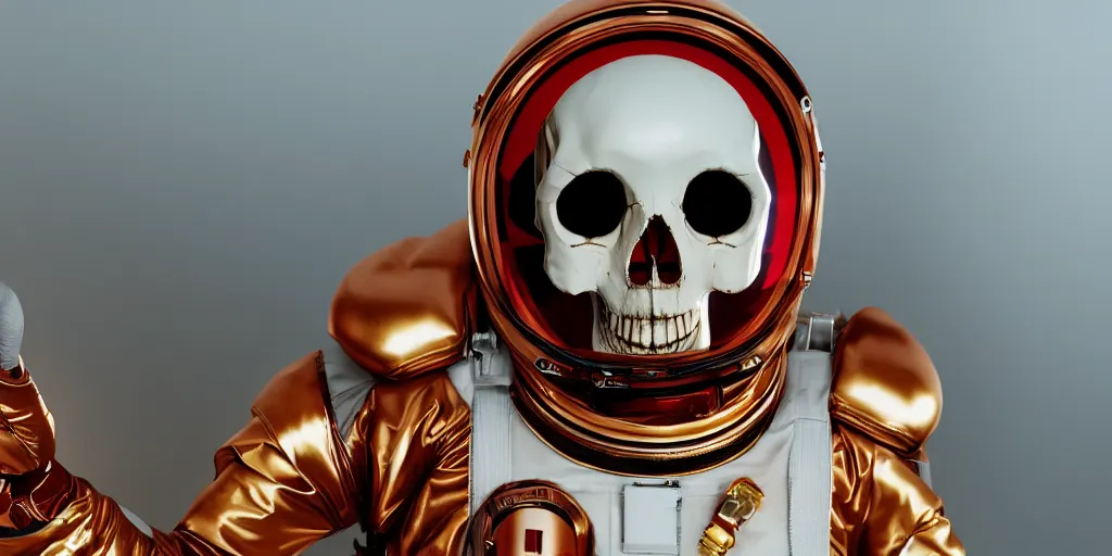 Image similar to ornate red bone skull in astronaut suit, gold linens, cinematic lighting, dramatic, octane render, long lens, shallow depth of field, bokeh, anamorphic lens flare, 8k, hyper detailed