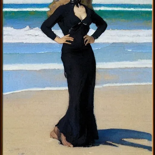 Image similar to woman on the beach, black dress, part leyendecker style, part dean cornwell style