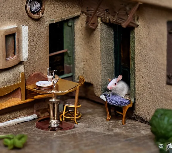 Image similar to macro photo, diorama of a miniature french restaurant for mice, interior