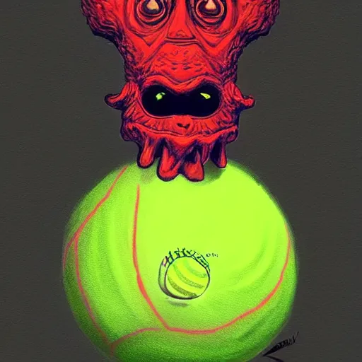 Image similar to a tennis ball monster ,tennis ball, chalk, digital art, fantasy, magic, trending on artstation, ultra detailed, professional illustration by Basil Gogos