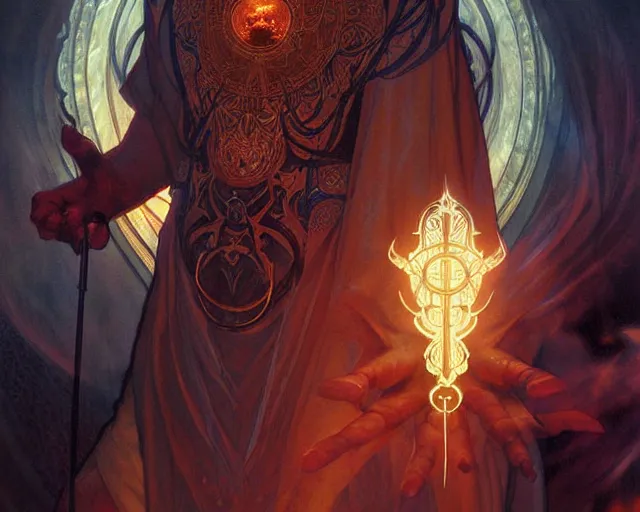 Image similar to attractive male deity, casting dark magic, summoning handsome lucifer morningstar, highly detailed painting by artgerm and greg rutkowski and alphonse mucha