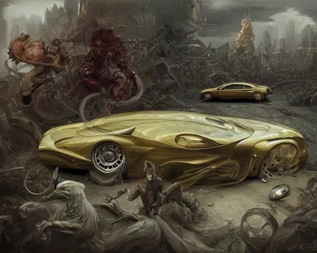 Image similar to a car made of cheese, many holes, concept art by joao ruas, highly detailed, hyperrealistic, artgerm, Tomasz Alen Kopera, Peter Mohrbacher, donato giancola, Joseph Christian Leyendecker, WLOP, Boris Vallejo