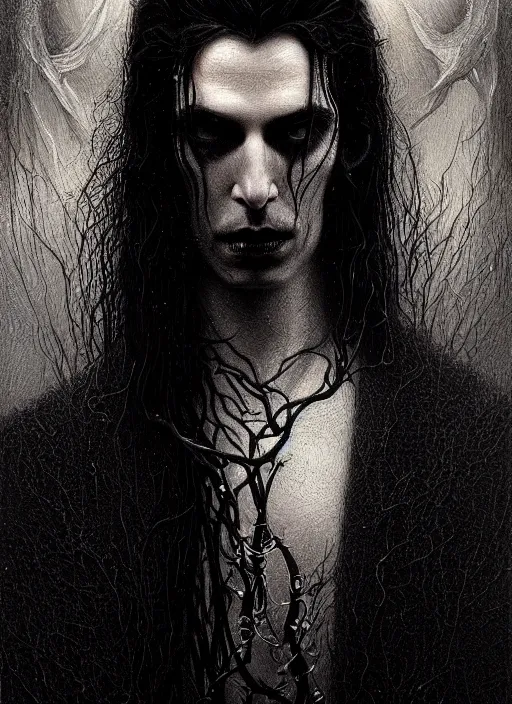 Image similar to highly detailed oil painting | very intricate | cinematic lighting | black, white and blood color scheme, dark background | portrait of a exquisite beautiful vampire man with long elegant tangles of black hair, eyes, gothic fog ambience, hyper realistic head, fantasy victorian art, in the style of greg rutkowski, zdizslaw beksinski, intricate, alphonse mucha