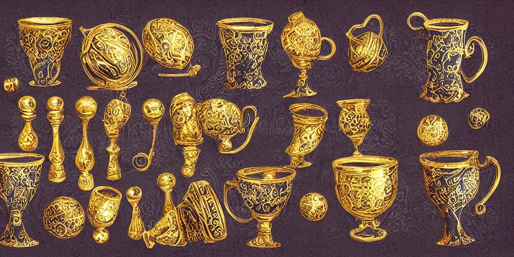 Image similar to magic, cups and balls, gold, ornate, detailed, realistic