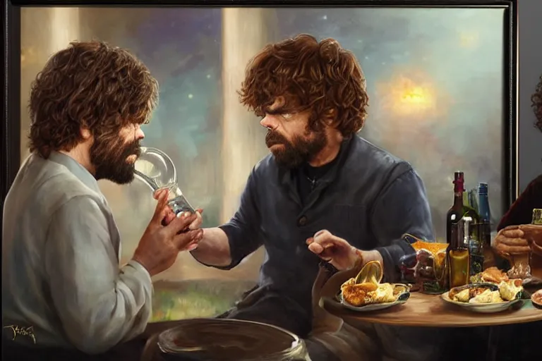 Image similar to portrait of oprah winfrey feeding peter dinklage a bottle, an oil painting by ross tran and thomas kincade