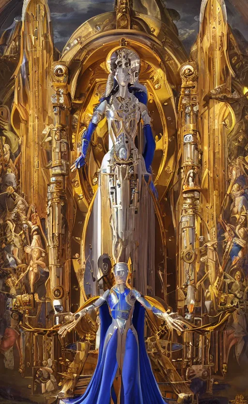 Prompt: mural of a young cyborg woman, beautiful royal gown, golden detailing, sci fi weapon, reaching towards the heavens, sci fi world, highly detailed holy imagery, renaissance mural, mural in the style of sandro boticceli