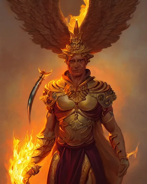 Prompt: character portrait of a herculean male angel of justice, with fiery golden wings, wearing shining armor, wielding a flaming sword, by peter mohrbacher, mark brooks, jim burns, marina abramovic, wadim kashin, greg rutkowski, trending on artstation