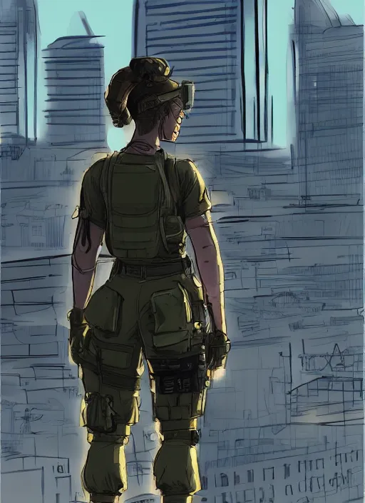 Prompt: Dinah. USN special forces operator looking at city skyline. mgs and rb6s Concept art by Matt Rhodes.