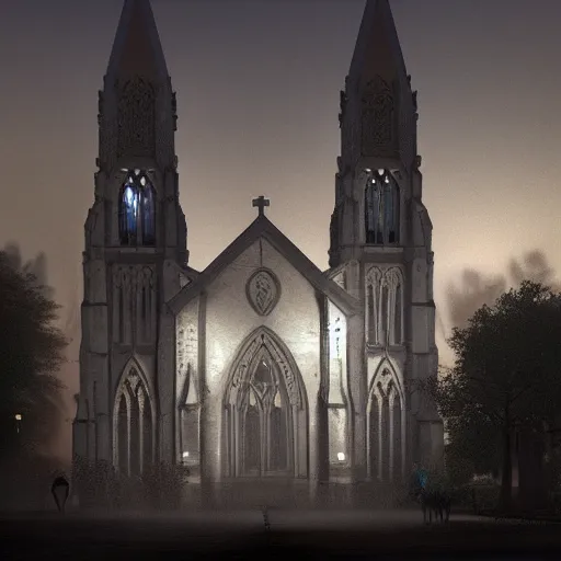 Image similar to victorian church in the middle of the city, dark, misty, at night, 8 k, detailed, concept art, trending on artstation