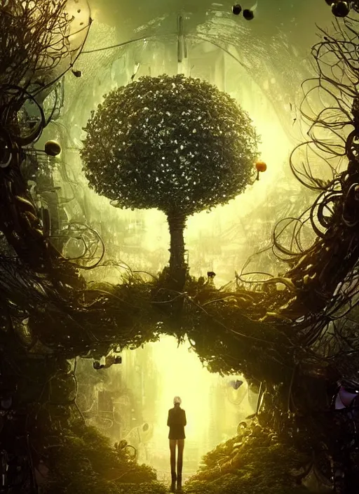 Image similar to tree with intricate mechanical apples, on the background of a weird magical mechanical forest. Very detailed 8k. Fantasy cyberpunk horror. Sharp. Cinematic post-processing