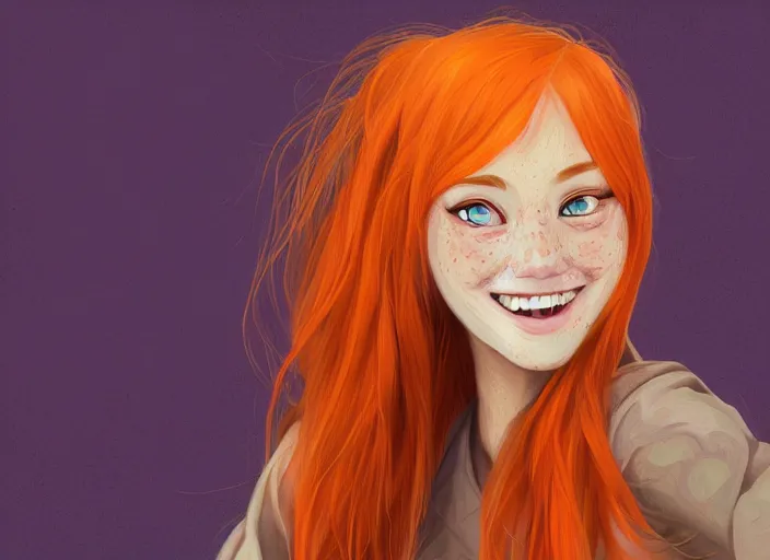 Prompt: portrait of a beautiful smiling girl with orange hair and freckles, green eyes, highly detailed, digital painting, concept art, smooth, sharp, focus, background is purple, trending on deviantart