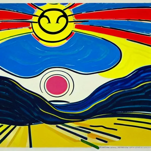 Image similar to sun shining through clouds, Edvard Munch, David Hockney, Takashi Murakami, Minimalist,