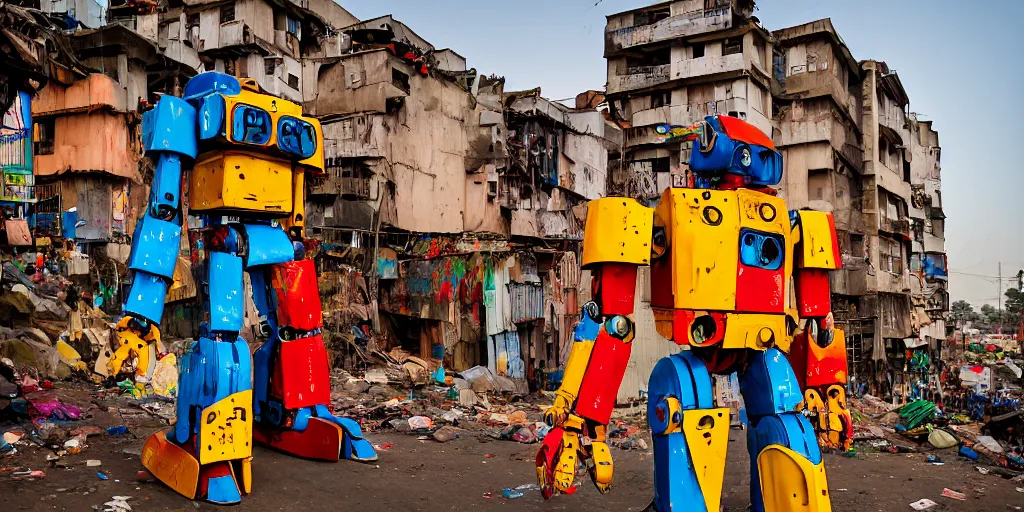 Prompt: colourful but damaged giant mecha ROBOT of AJEGUNLE SLUMS of Lagos, markings on robot, Golden Hour,