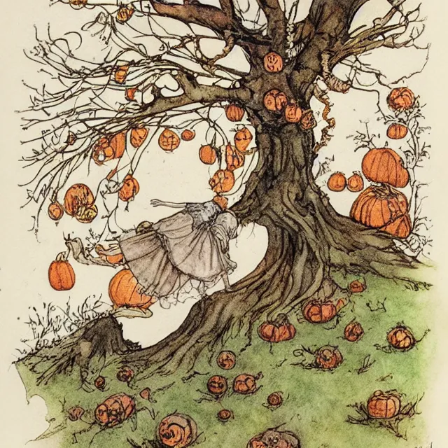 Image similar to a detailed, intricate watercolor and ink illustration with fine lines, of a young girl in a dress climbing a gnarled tree in a pumpkin patch, by arthur rackham and edmund dulac