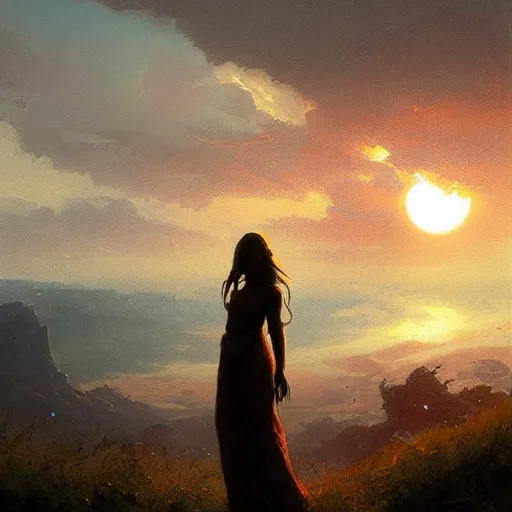 Prompt: a figure gazes upon a beautiful and ethereal sunset by greg rutkowski