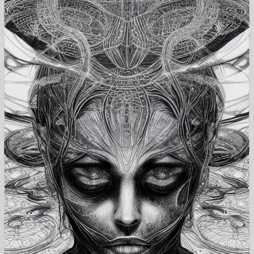 Prompt: holographic headset interface painted in alex grey style drawn by vania zouravliov, inspired by ooioo and sorayama and ikeuchi, intricate manga drawing, black and white, 3 d, high detail, sharp high detail, artstation, octane