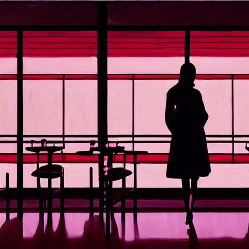 Prompt: silhouette of Elle Fanning in an empty diner, stormy weather, extremely detailed masterpiece, oil on canvas, low-key neon lighting, artstation, Blade Runner 2049, Roger Deakin’s cinematography, by J. C. Leyendecker and Peter Paul Rubens,