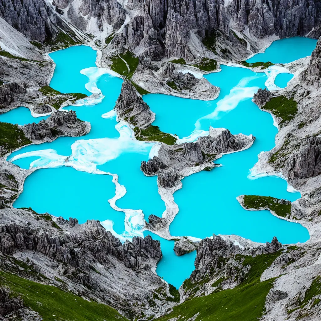 Prompt: dolomites, bright blue pools of water with swirling seafoam, patches of green fields, black volcanic rock, icy glaciers, birds eye view