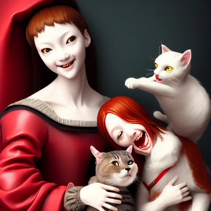 Image similar to renaissance portrait of the mischievous vampire girl loner smiling at her cat, by katsuhiro otomo, and artgerm rendered with 3 d effect.