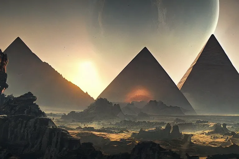 Prompt: giant pyramid castle above ringed planet, science - fiction, beautiful matte painting, frank frazetta, james gurney, unreal engine, artstation.