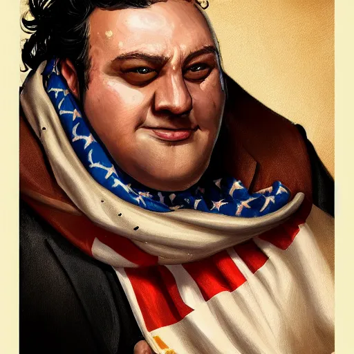 Prompt: a portrait of a short fat man with long curly black hair and a brown suit on with an American flag scarf, D&D, sci-fi, elegant, hopeful, muscular, highly detailed, digital painting, artstation, concept art, smooth, sharp focus, illustration