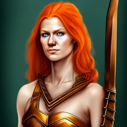 Image similar to A portrait of a beautiful redhead valkyrie as a D&D character, realistic, smooth skin, symmetrical, golden ration