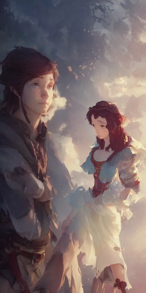 Image similar to still from snow white if made by krenz cushart and wenjun lin, portrait, illustration, rim light, top light, summer clear blue sky, perfectly shaded, soft painting, epic, intricate, art