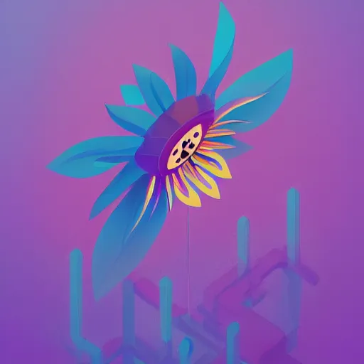 Image similar to beautiful digital sunflower in stunning pink sea, VERY LIGHT purple and blue scheme, isometric, by Anton Fadeev and Simon Stalenhag, trending on artstation, low contrast