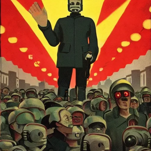 Prompt: robot revolutionary speaking to a crowd of robots amid the backdrop of a cyberpunk city!!!!!!!!!!!!!!!!!!!!!!!!!!!!!!!!!!!!!!!!!!!!!!!! in the socialist realist style of lenin speaking to the red army by isaac brodsky