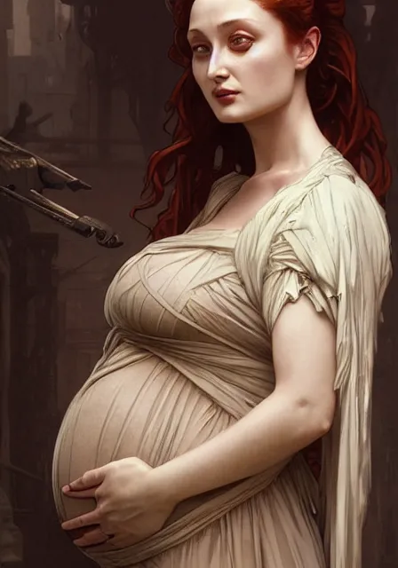 Image similar to sansa pregnant mummy zombie apocalypse, intricate, elegant, highly detailed, digital painting, artstation, concept art, smooth, sharp focus, illustration, art by artgerm and greg rutkowski and alphonse mucha and william - adolphe bouguereau