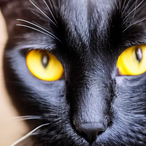 Head of a cute black cat with wide open yellow eyes. Glorious face