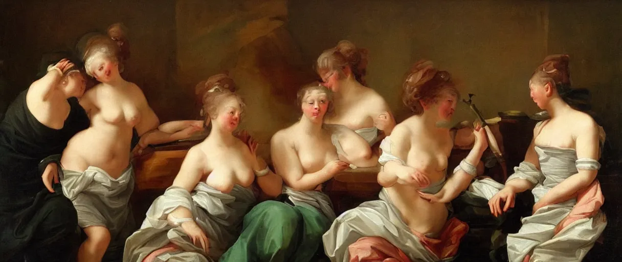 Prompt: three cups only do i propose for sensible men. one for health, the second for love and pleasure, the third for sleep ; when these have been drunk up, wise guests make for home, in the style of a beautiful neoclassical rococo painting by the great masters, oil on canvas, thick palette knife