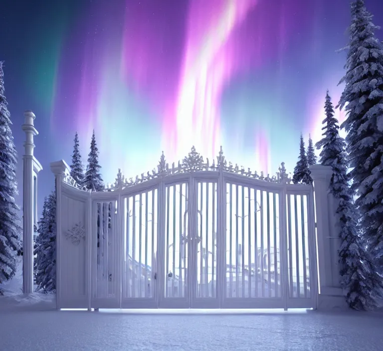 Image similar to a very detailed concept art of intricate and scandinavian white gates to aurora borealis infused with light, trending on artstation, symmetry, digital art, 4 k, hyper realistic, octane render, sharp focus