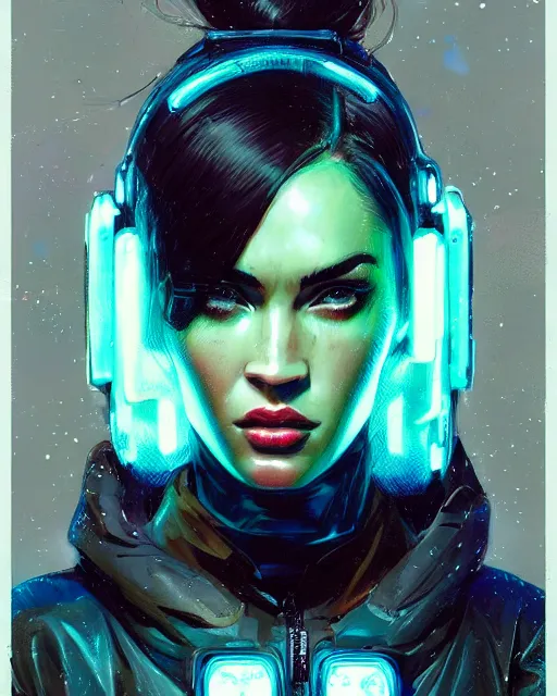 Image similar to detailed megan fox portrait neon operator girl, cyberpunk futuristic neon, reflective puffy coat, decorated with traditional japanese ornaments by ismail inceoglu dragan bibin hans thoma greg rutkowski alexandros pyromallis nekro rene maritte illustrated, perfect face, fine details, realistic shaded, fine - face, pretty face