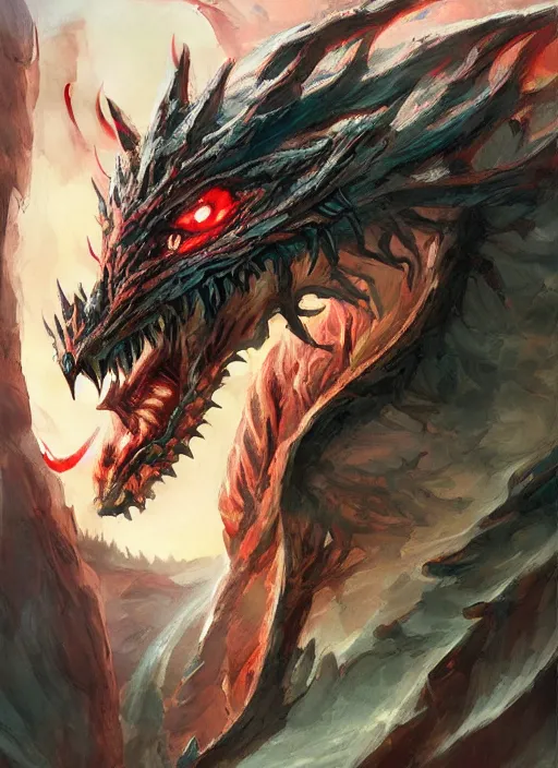 Image similar to symmetrical giant dragon head, cinematic romantic magical, greek myth, masterpiece, side profile, crazed, deep dark armor, luminescent, greek myth, wisdom, bloody red colors, by greg manchess, huang guangjian, gil elvgren, sachin teng, greg rutkowski, jesper ejsing, ilya kuvshinov