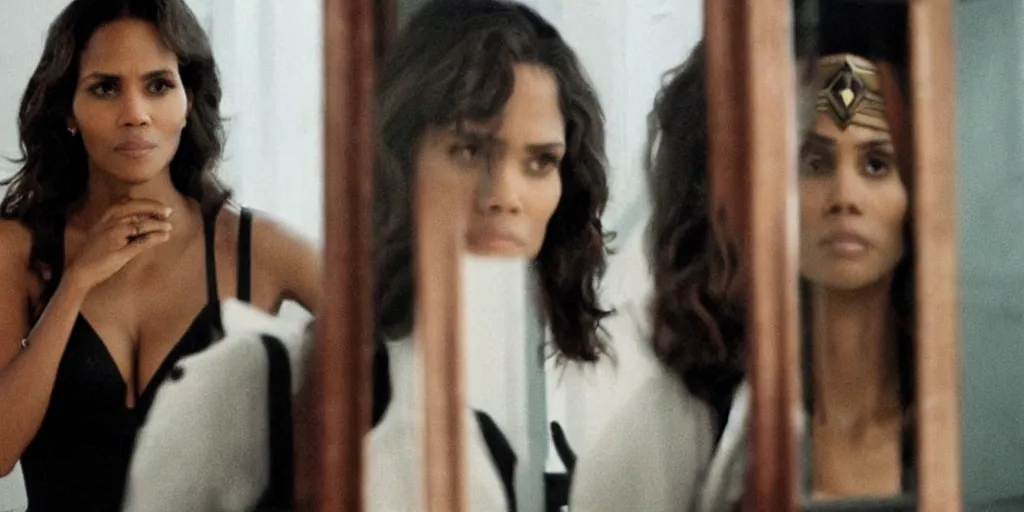 Prompt: ultra wide angle photo of halle berry dressed in a white blouse and black dress pants as diana prince looking at herself in a bathroom mirror and seeing her reflection as wonder woman