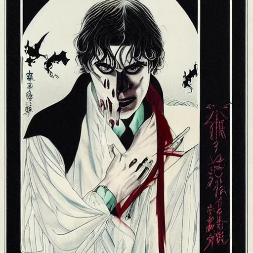 Image similar to symmetrical alain delon as a vampire, style of takato yamamoto