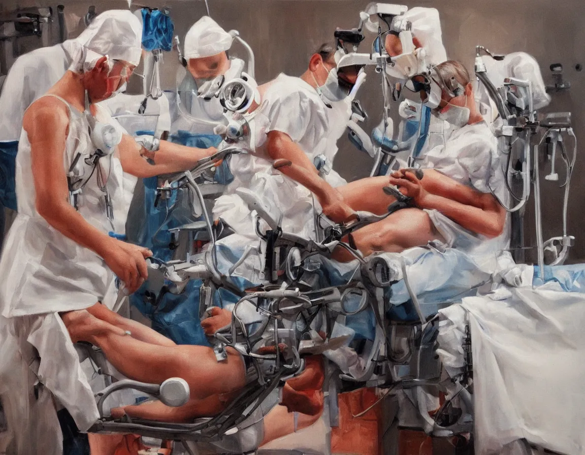 Image similar to doctor operating on a knee using zimmer biomet rosa knee, operating room, oil painting