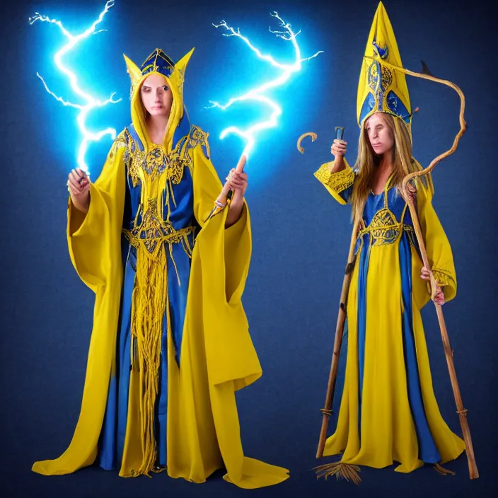 Image similar to photograph of a real - life beautiful elemental lightning witch with ornate yellow and blue robes and staff. extremely detailed. 8 k