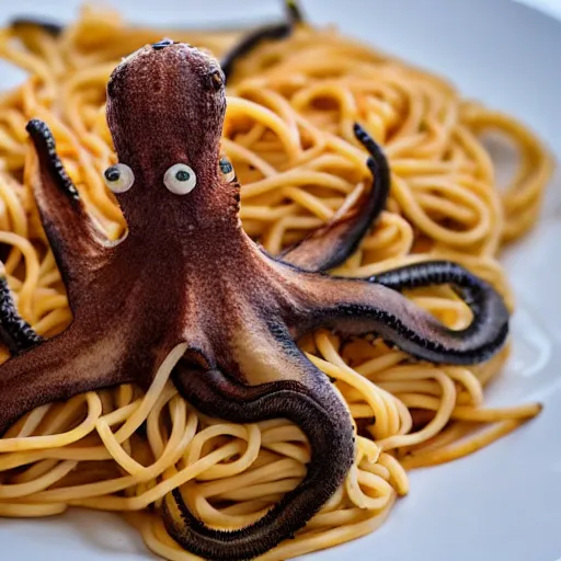 Prompt: an octopus on top of a plate of spaghetti, professional photography