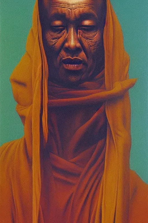 Image similar to portrait of a monk colourful shiny beautiful harmony painting by zdzisław beksinski